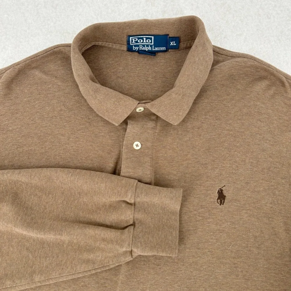Polo Ralph Lauren Long Sleeve‎ Polo Mens XL Brown Cotton Pique Classic Old Money